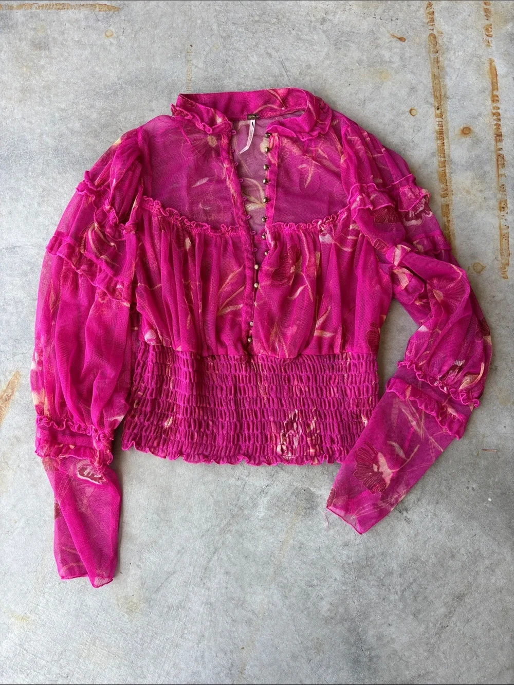 Free People Fuchsia Floral Mesh Smocked Peasant Top Boho Fairycore Y2K size M